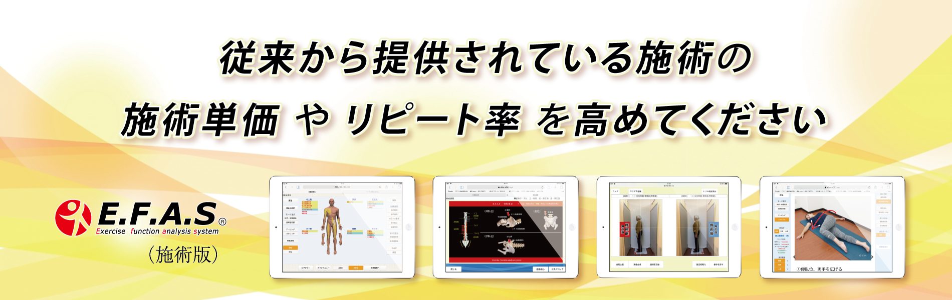 根本原因の検査　運動機能分析システム/姿勢検査/施術技術　整体院・整骨院・接骨院・リハビリなどで、腰椎ヘルニア/脊柱管狭窄症/五十肩/変形性膝関節症の早期改善と再発を予防します。運動分析は根本施術として利用される独自の施術方法です。アスリートや大学病院の医師も通われる整体技術です。自費移行や強化を目指す方は、イーファスにお任せください。